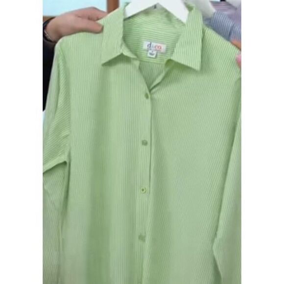 Denim & Co Women 2X Button Front Long Top Green White Stripe Roll Tab Sleeve NWT - Picture 2 of 8